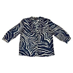 JONES NEW YORK SIGNATURE PETITE SHEER NAVY BLUE /WHITE ZEBRA PRINT V-NECK BLOUSE